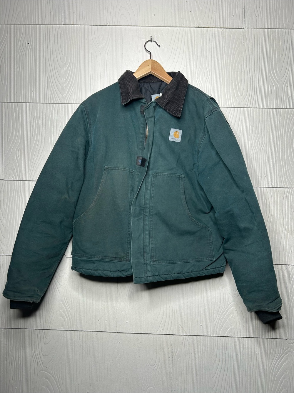 Carhartt Dark Green Insulated Puffer Jacket with Black Corduroy Collar